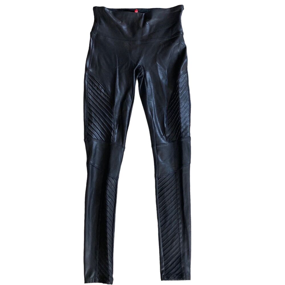 Spanx Women's Sz Small Leggings Black Faux Leather Ribbed Moto
